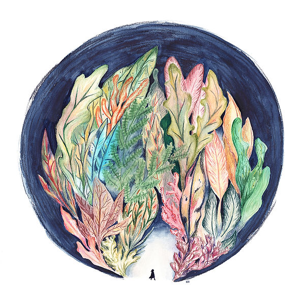 Bos illustration by Kim Timmermans – whimsical forest-inspired art print featuring a small figure entering a lush, colorful foliage tunnel, dreamlike watercolor drawing perfect for nature lovers and tranquil interior decor, available at Galerie Frits
