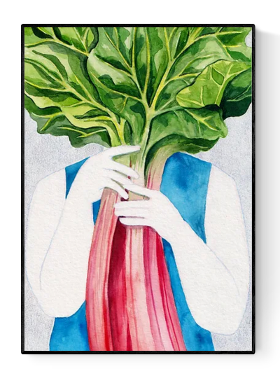 Watercolor art print of a white figure holding a large pink rhubarb stalk with oversized green leaves covering their face – Rhubarb by Kim Timmermans, A4 and A3 sizes, printed on high-quality Munken paper.