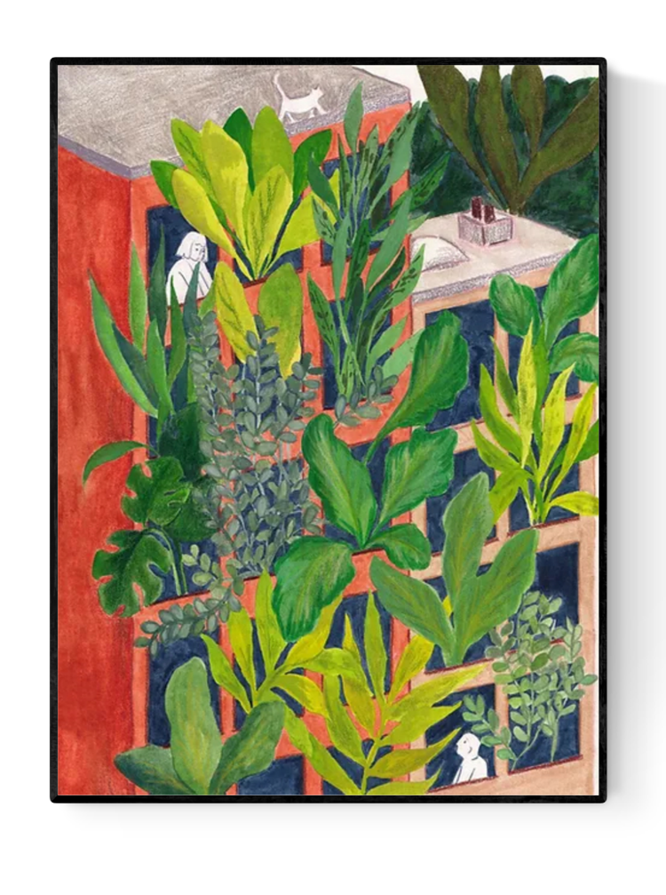 Bloom by Kim Timmermans – botanical illustration of lush green plants surrounding a terracotta building with small white figures at windows, whimsical and vibrant wall art available at Galerie Frits