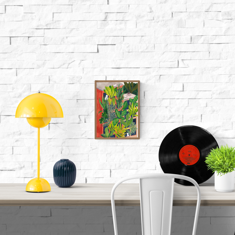 Bloom by Kim Timmermans – botanical illustration of lush green plants surrounding a terracotta building with small white figures at windows, whimsical and vibrant wall art available at Galerie Frits