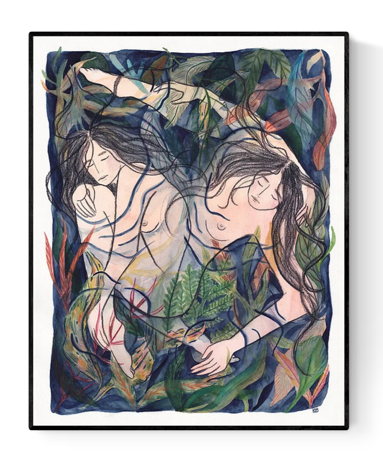 "Entangled" by Kim Timmermans – expressive art print of two intertwined nude female figures immersed in lush botanical foliage, symbolizing connection and intimacy, perfect for collectors of emotional, nature-inspired contemporary art, available at Galerie Frits