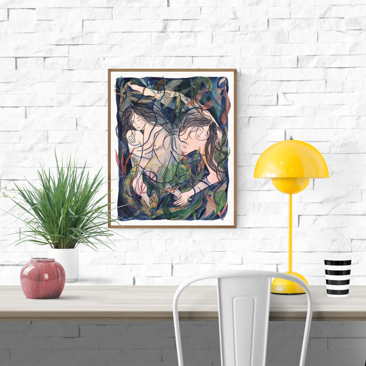 "Entangled" by Kim Timmermans – expressive art print of two intertwined nude female figures immersed in lush botanical foliage, symbolizing connection and intimacy, perfect for collectors of emotional, nature-inspired contemporary art, available at Galerie Frits