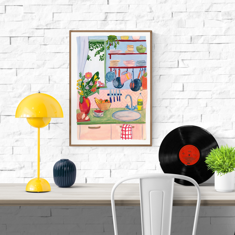 Whimsical and colorful kitchen art print titled "Home" by Kim Timmermans, featuring flowers, dishes, fruits, and everyday kitchen items in a cozy domestic setting – printed on 300g paper, available in A3 and A4 sizes.