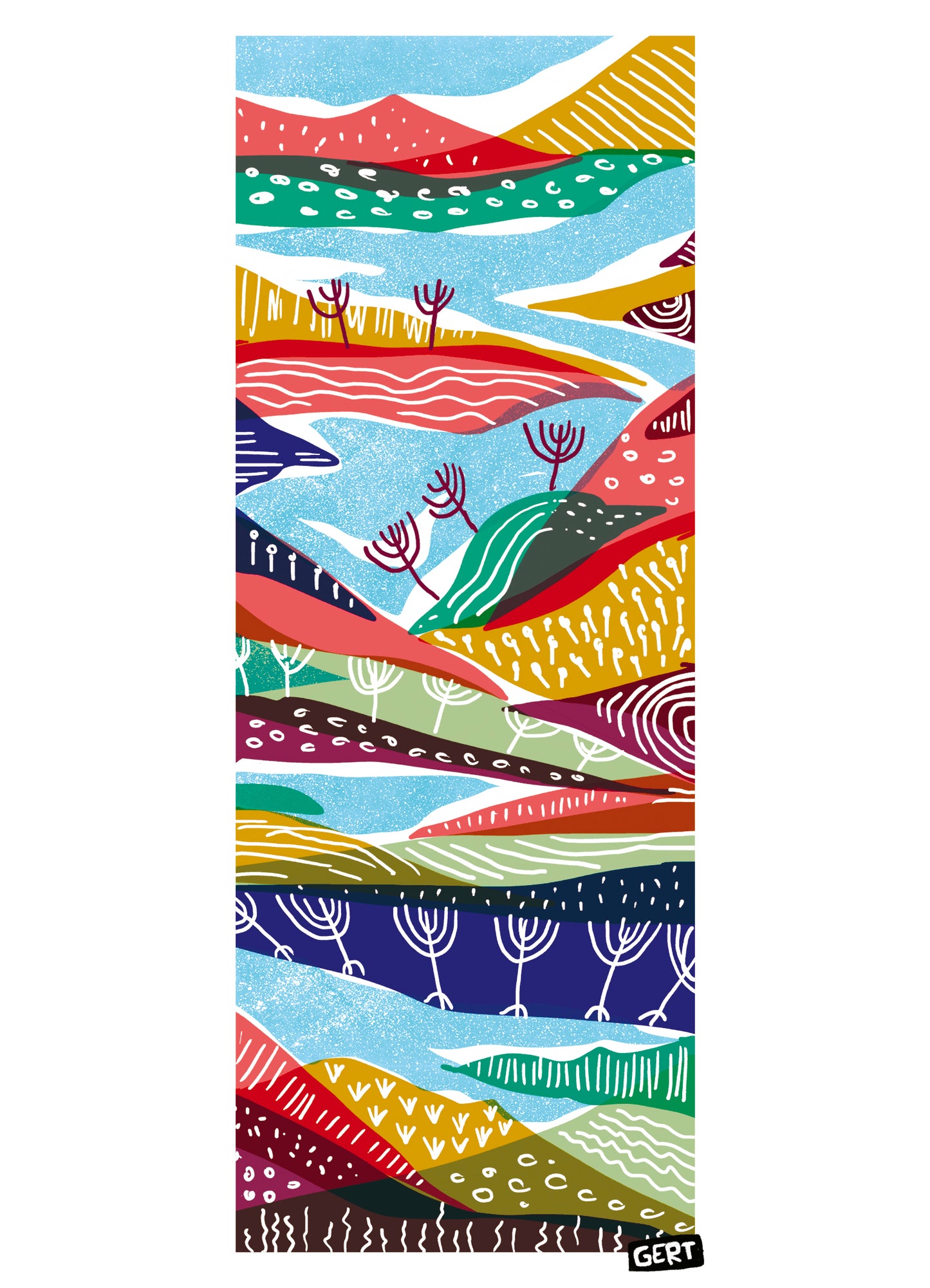 Landscape 2 by Gert Paenen, colourful abstract landscape art print featuring layered hills, stylised trees, flowing shapes and vibrant graphic patterns in blue, red, green, yellow and purple tones, contemporary wall art for modern interiors.