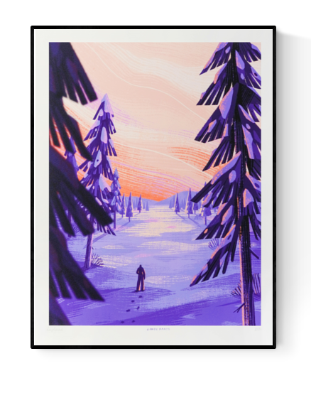Art print titled Lapland by Belgian illustrator Linde Raats, featuring a snowy forest scene at sunset with purple and pink hues – 30 x 40 cm giclée print made in Belgium.