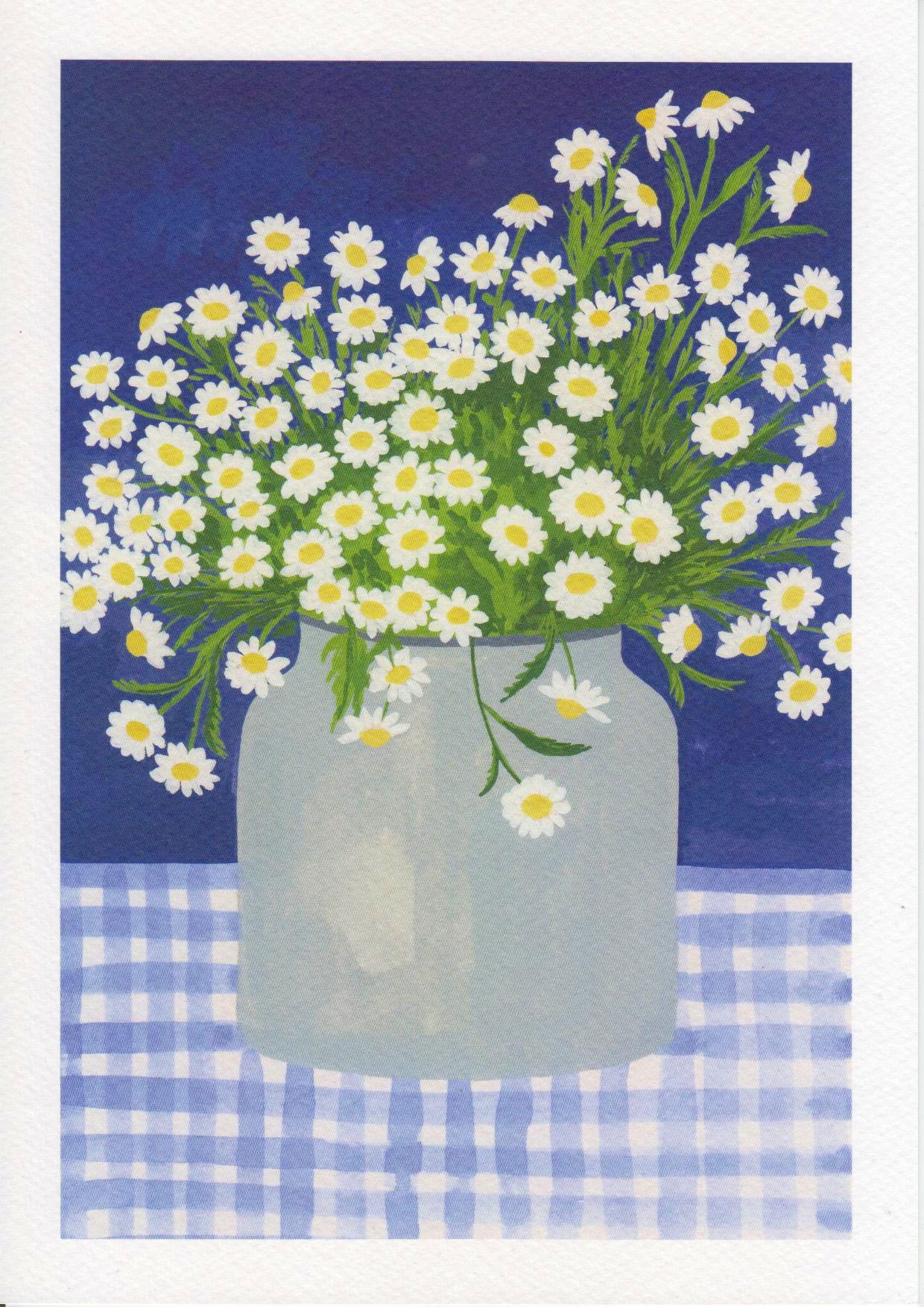 Hand-illustrated art print titled “Daisies” by Belgian artist Leens, featuring a lush bouquet of white daisies with yellow centers in a transparent jar, placed on a blue gingham tablecloth with a deep blue background. Printed on A4 textured fine art paper.