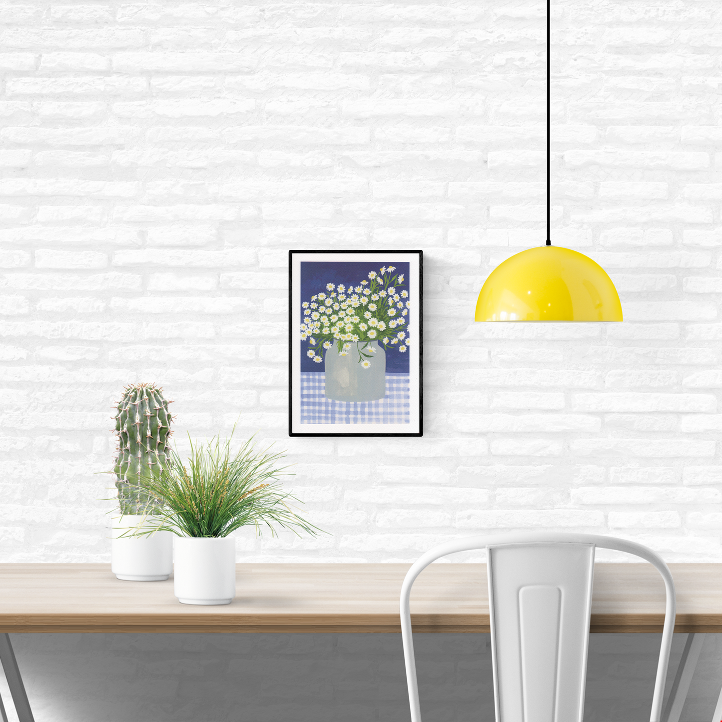 Hand-illustrated art print titled “Daisies” by Belgian artist Leens, featuring a lush bouquet of white daisies with yellow centers in a transparent jar, placed on a blue gingham tablecloth with a deep blue background. Printed on A4 textured fine art paper.