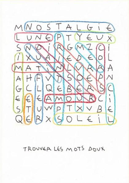 Risograph art print “Les mots doux” by Paul Lecat – colorful word search illustration featuring French words like “amour,” “soleil,” and “nostalgie” drawn in soft red, blue, and yellow lines on white background, poetic modern wall art in A3 format.