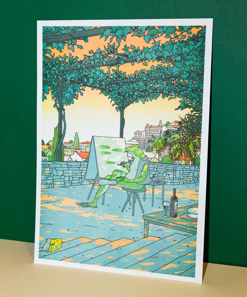 Risograph art print by Liam Cobb featuring a frog artist painting outdoors under leafy trees at sunset, with a glass of wine and city view in the background. Surreal, colorful, and contemplative illustration combining humor, nature, and modern design — perfect for art lovers and collectors in Belgium, the Netherlands, France, and Germany.