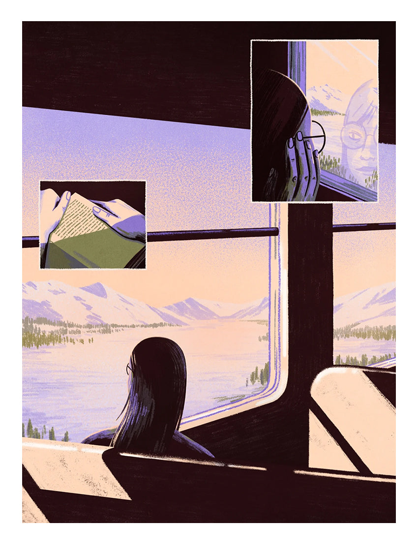 Giclée art print by Belgian illustrator Linde Raats showing a woman on a train gazing out at snowy Arctic mountains, with warm pastel hues and atmospheric light – 30x40 cm fine art print perfect for winter lovers and dreamy interiors