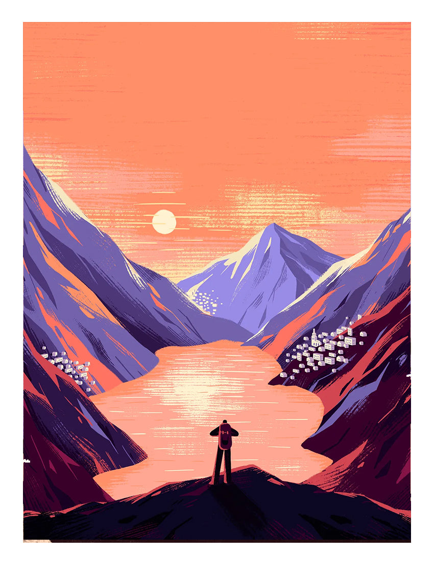 Minimalist mountain landscape art print — hiker with backpack overlooking a glowing orange lake between dramatic purple peaks at sunset, modern travel-inspired wall decor by illustrator Linde Raats