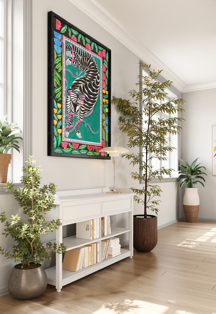The Acrobate by Carla Petelski, colourful zebra-inspired surreal digital art print with botanical floral border and pink ribbons, contemporary wall art for eclectic interiors