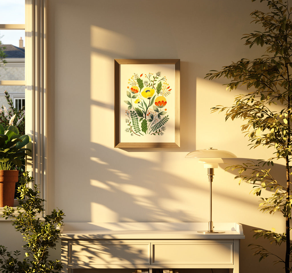 Colorful botanical art print featuring stylized flowers, leaves, and delicate branches in yellow, blue, green, and terracotta tones by Belgian illustrator Leens. Scandinavian-inspired floral wall art for modern home decor.