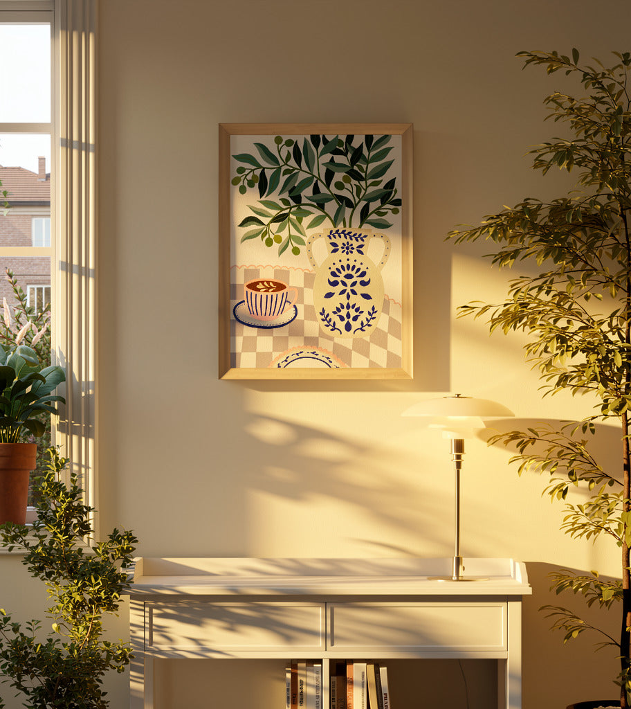 Greek Patio by Leens, colorful Mediterranean-inspired digital art print featuring olive branches in a decorative blue ceramic vase beside a pink coffee cup on a lilac checkered tablecloth, botanical wall art for cozy kitchens and modern interiors.