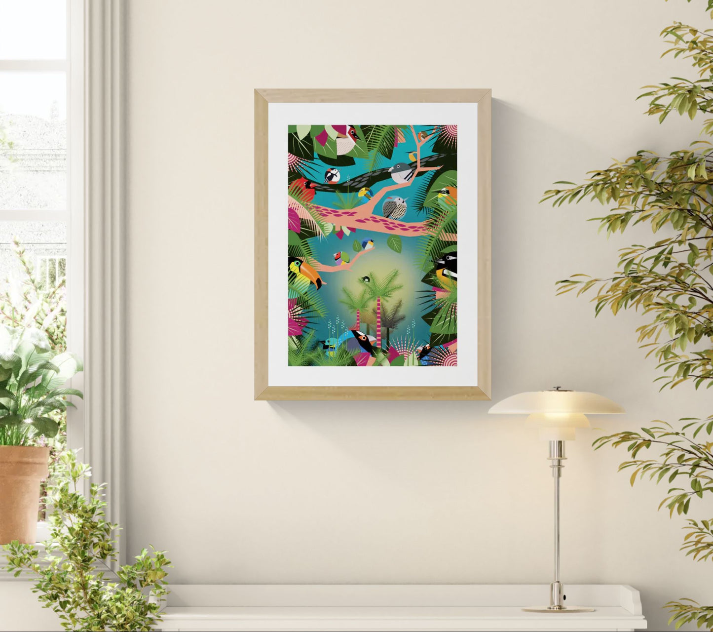 Vibrant jungle-themed illustration by Studio Frits featuring a lush tropical canopy filled with colorful exotic birds perched on graphic pink and black branches. Set against a dreamy teal-green background with bold botanical elements, this dynamic art print captures the rich biodiversity of the Amazon—perfect for brightening up modern interiors, kids’ rooms, or nature-inspired spaces