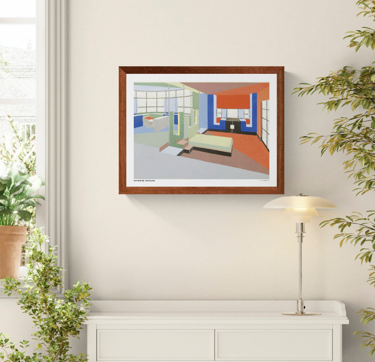 Living Room by Raymond Nicolas, horizontal Art Deco interior in red, blue, green and cream, reproduced as a digital print for modern wall art and home decor.