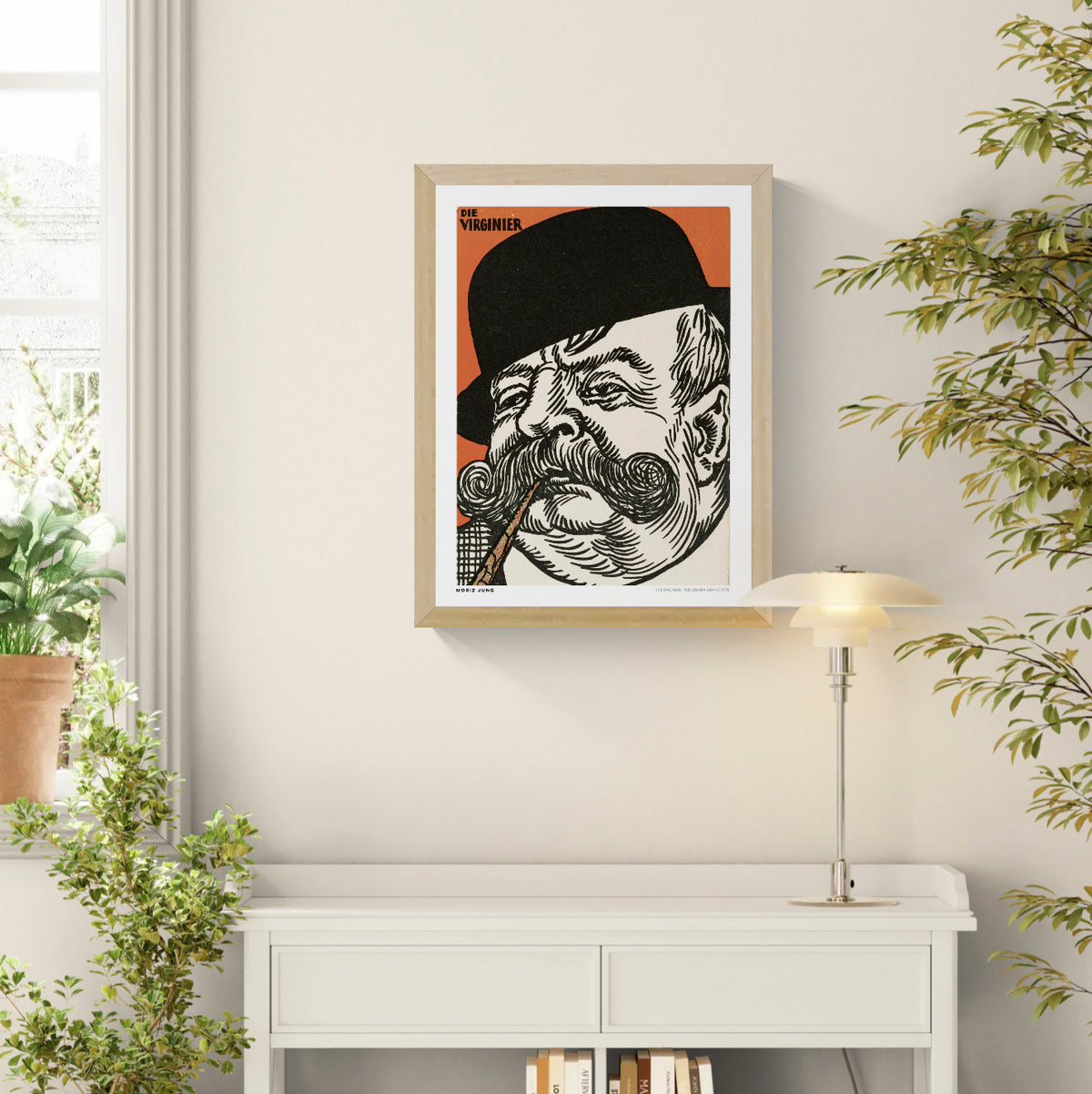 Moriz Jung's Die Virginier vintage portrait illustration with a bearded man in a large black hat, bold black linework and orange background, reproduced as a vertical digital art print for eclectic wall decor.