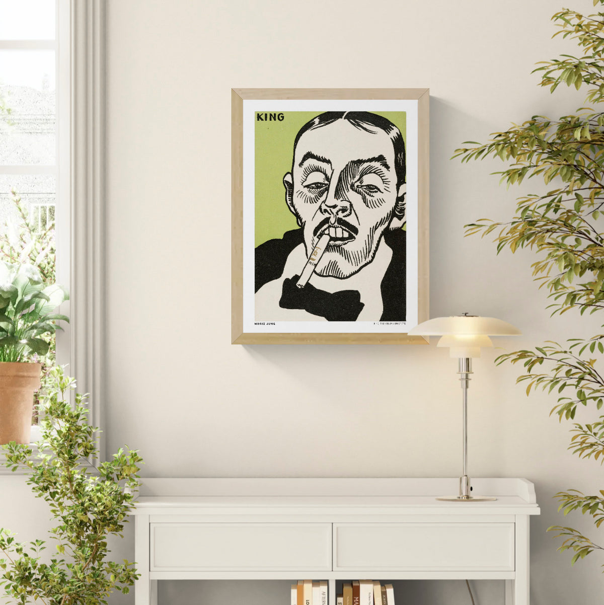 King by Moriz Jung, vertical digital art print featuring an expressive male portrait with cigarette, bold black linework and green background, ideal as graphic wall art.