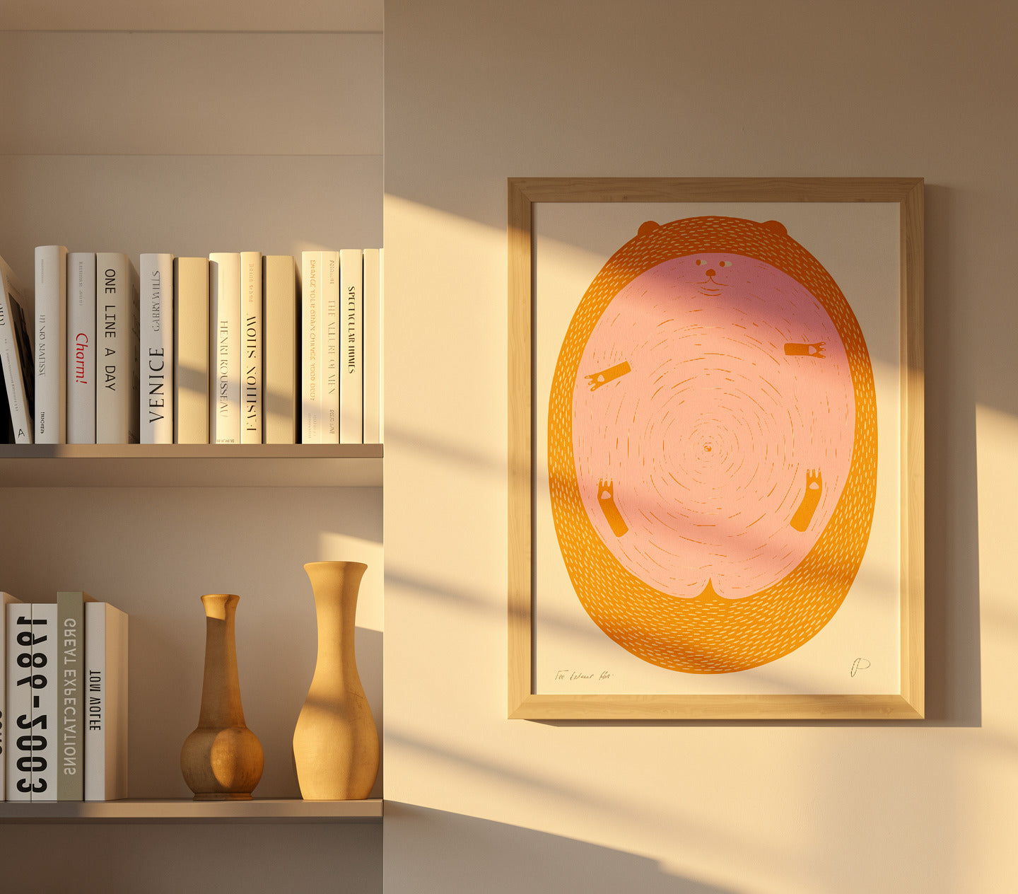Large round hedgehog illustration by Strangford in bright pink and orange, vertical A3 Risograph print with playful linework, ideal as colourful wall art for modern and eclectic interiors.