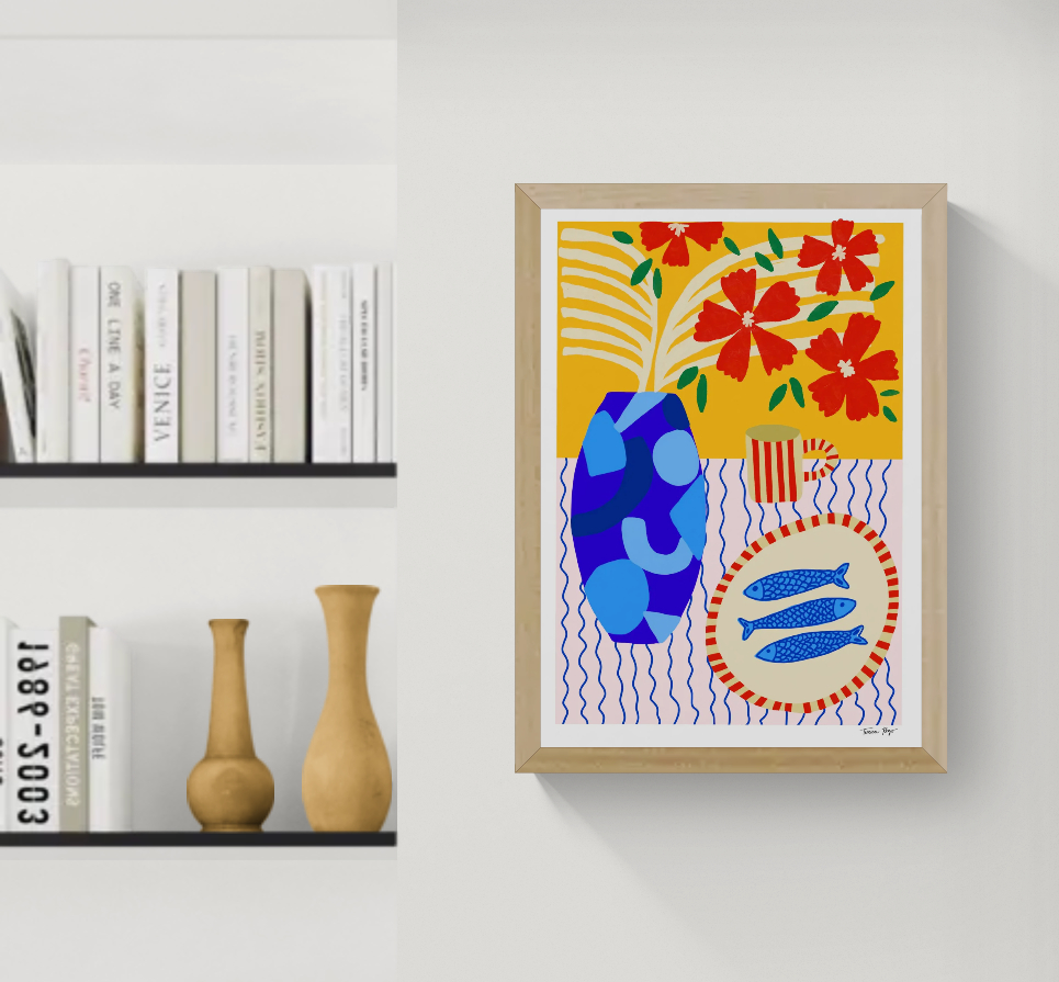 Vertical giclée art print by Teresa Rego featuring three blue sardines on a striped plate, a blue vase, red flowers and bold orange tones, ideal for colourful kitchen or dining room wall art.