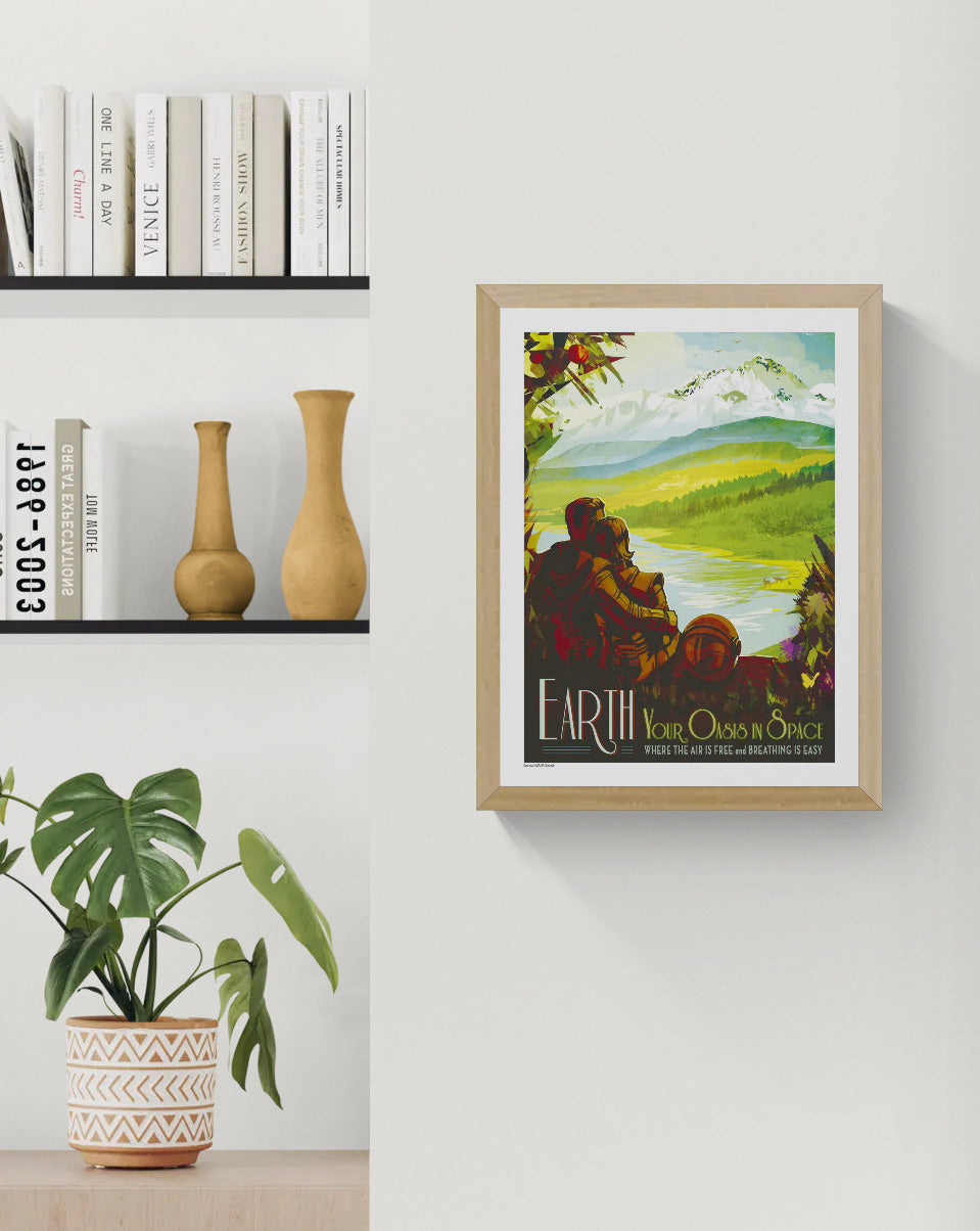 NASA Earth retro travel poster showing a couple overlooking a vivid mountain lake landscape, with green, blue, yellow and orange tones. Vertical digital print for colourful wall art and home decor.
