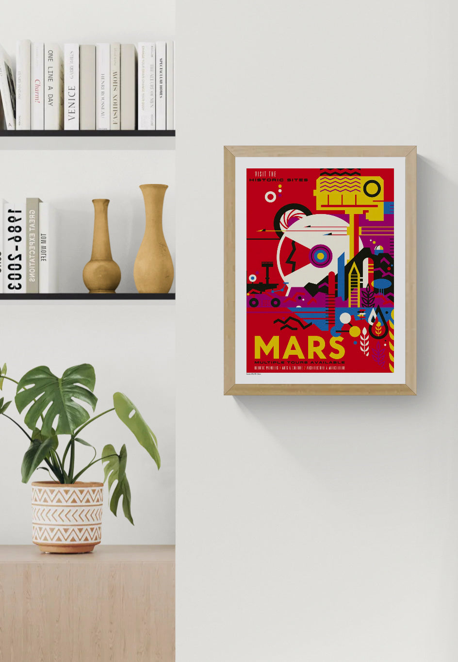 NASA Mars vertical art print featuring bold red, yellow, blue and black geometric graphics in a retro-futurist travel poster style, ideal as colourful wall art for modern home decor.