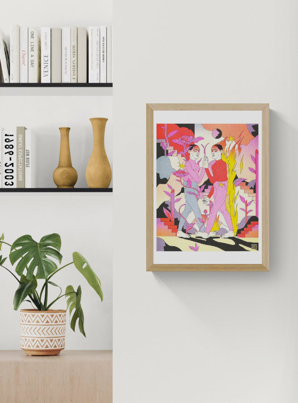 Wish You Were Here by Raman Djafari, vertical A3 risograph showing two figures surrounded by pink plants, yellow flames and surreal red, purple and black shapes, colourful contemporary wall art.