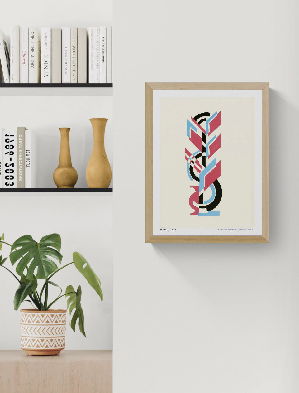 Fleurs PL. 9 by Serge Gladky, vertical Art Deco floral design with geometric red, blue and black shapes on a cream background, reproduced as a digital wall art print.