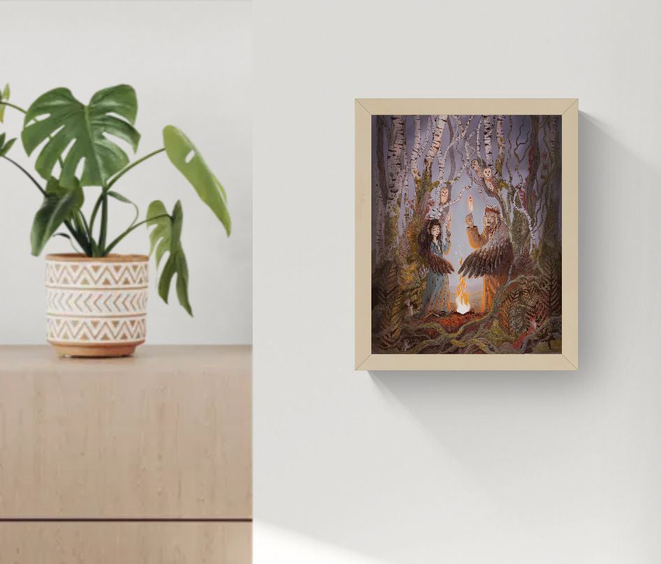 Detailed fantasy giclée art print featuring two winged women performing a ritual beside a glowing fire in a mystical birch forest, surrounded by owls, woodland animals, and folklore-inspired details in soft earthy colors. Vertical wall art for cozy home decor.