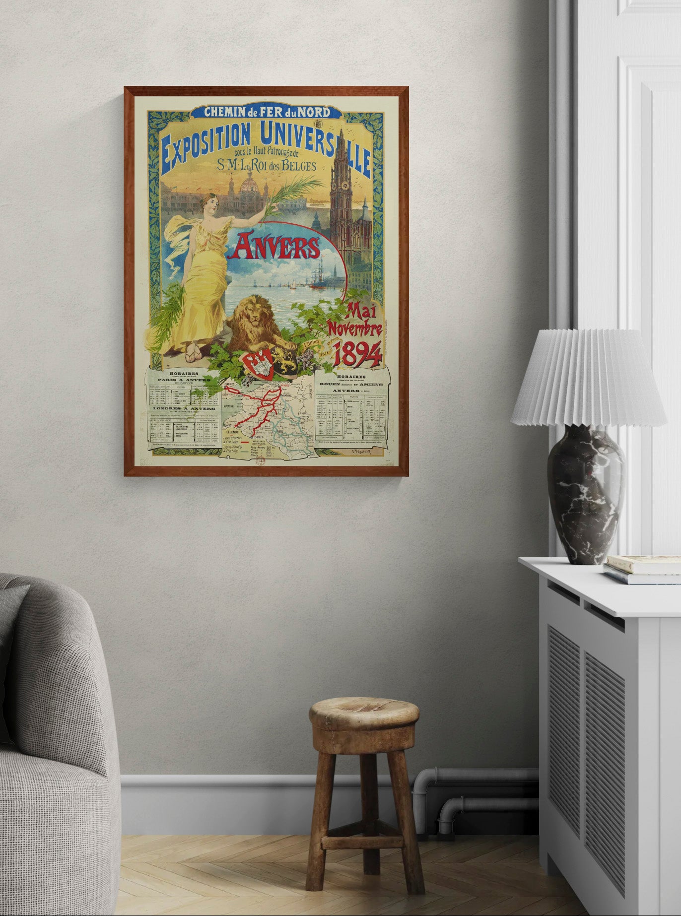 Vertical vintage Antwerp Universal Exhibition 1894 poster featuring an allegorical woman, harbour skyline, globe and ornate typography in red, gold and cream, digitally printed as historical wall art.