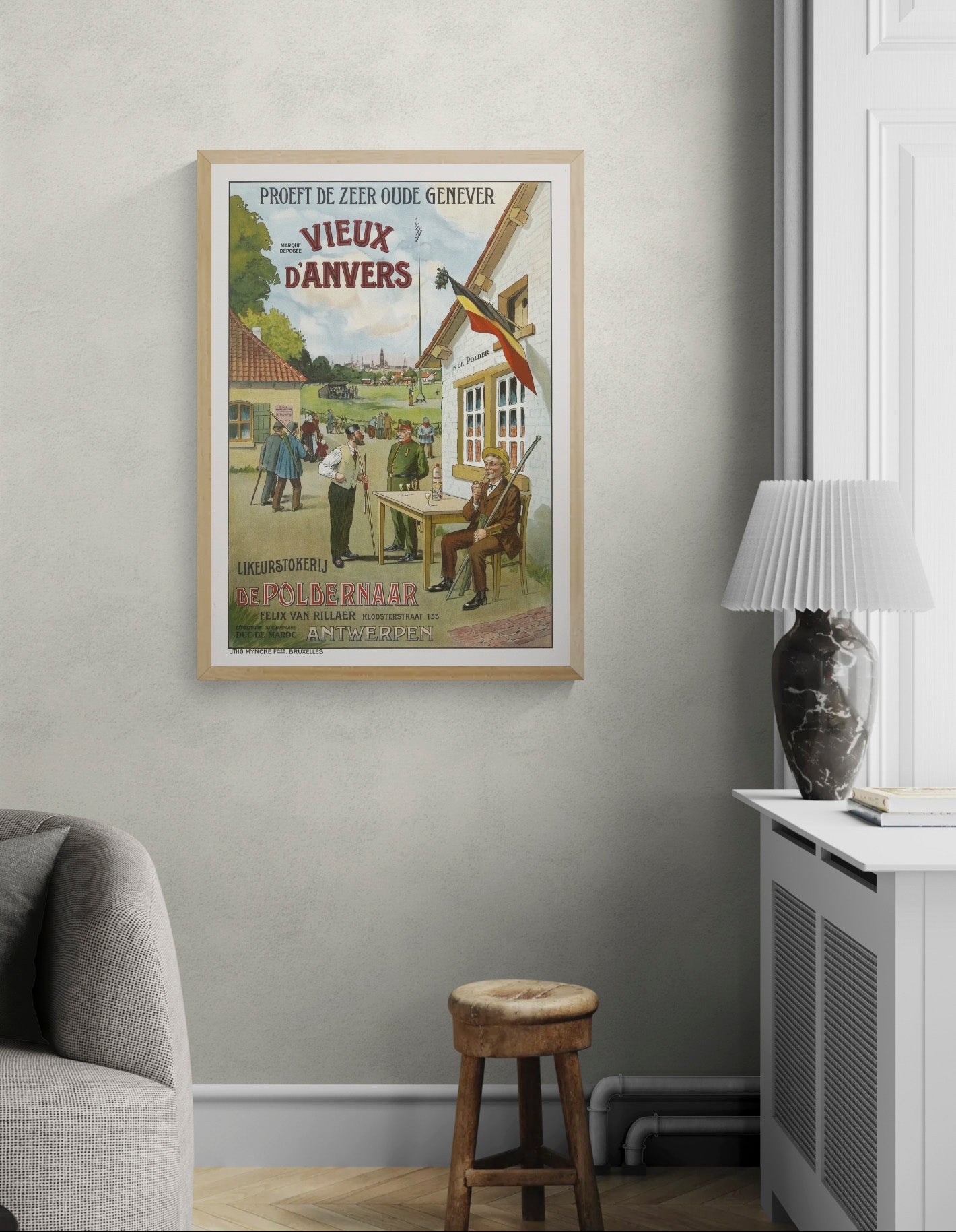 Vintage Belgian advertising poster showing an Antwerp outdoor scene, hunters, a Belgian flag and bold Vieux d'Anvers lettering in muted red, green and blue. Vertical digital print for vintage wall decor.