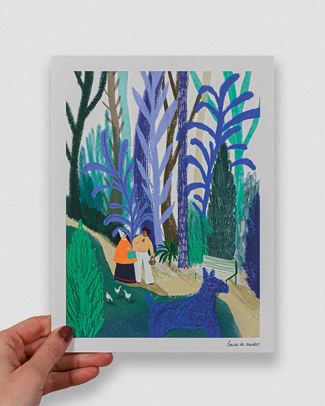 Digital art print "Blauwe Wandeling" by Louise de Meester, featuring two people walking in a lush, colorful park with large blue plants and a playful blue dog. Ideal for whimsical and nature-inspired home decor.