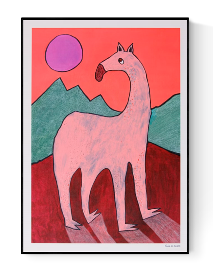 Playful and surreal illustration titled 'Beest 1' by Louise de Meester, featuring a quirky pink creature with an elongated neck set against bold red mountains, green hills, and a purple sun – a whimsical and bold art print for contemporary interiors