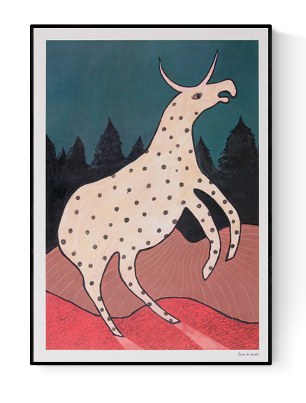 Surreal illustration titled Beest 2 by Louise de Meester, featuring a fantastical cream-colored creature with black spots and a single horn, set against a twilight forest backdrop with bold red terrain and a deep teal sky