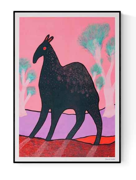 Whimsical illustration titled Beest 3 by Louise de Meester, depicting a mysterious dark creature with red eyes and subtle fur texture, set against a surreal pink and lavender landscape with dreamlike turquoise trees