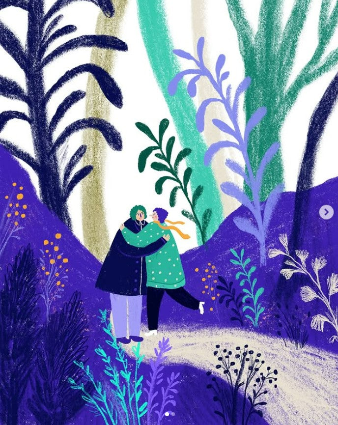 Colourful digital art print by Belgian illustrator Louise de Meester, featuring two people hugging in a dreamy, lush forest setting with purple and green foliage – 21x29.7 cm, perfect for adding warmth and love to your home.