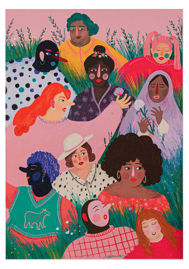 Digital art print "Girl Power" by Belgian illustrator Louise de Meester, featuring a diverse group of women in bright, expressive colors, symbolizing empowerment, unity, and friendship. Perfect for colorful interiors and feminist art collections.