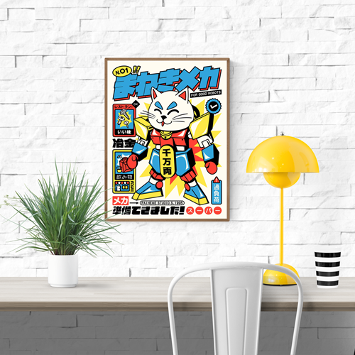 Colorful Japanese pop art illustration of a maneki-neko robot in anime style with retro typography – Manekimeca by Paiheme Studio, 30 x 40 cm art print.
