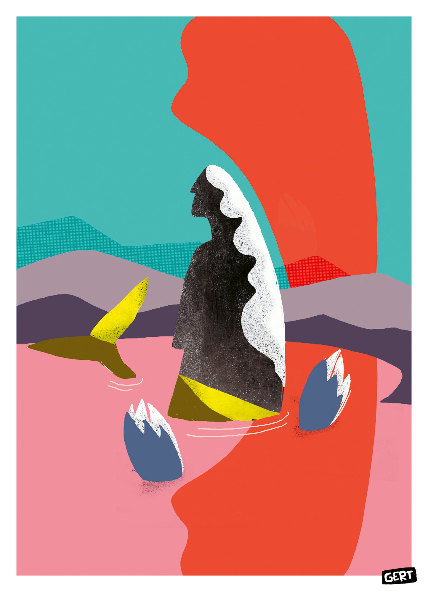 Mermaids 1 by Gert Paenen, colorful contemporary digital art print featuring a mysterious female silhouette in a surreal landscape with vibrant pink, turquoise, orange and purple tones, modern illustration wall art for contemporary interiors.