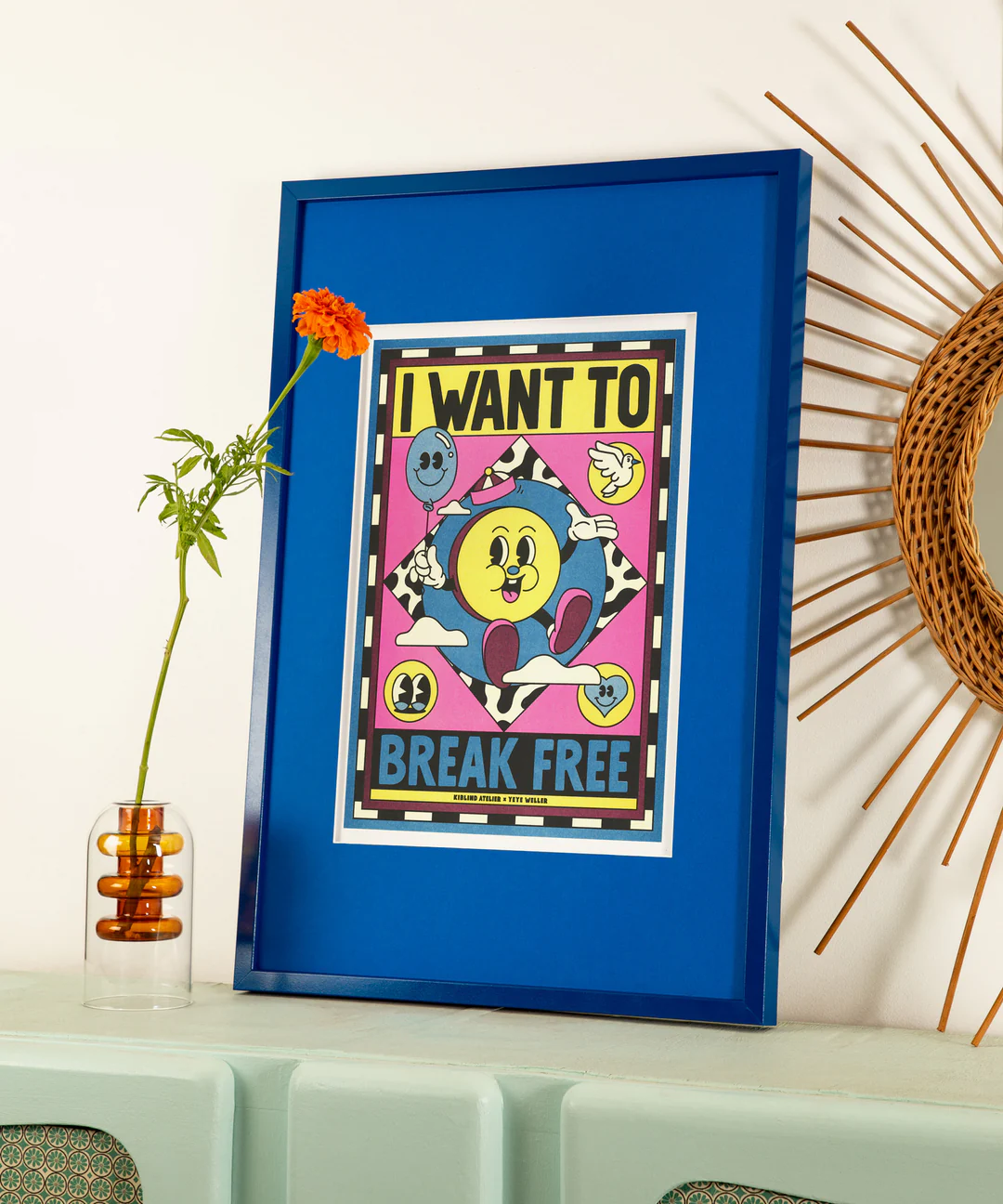 Vibrant risograph illustration with retro cartoon graphics and bold text saying "I Want to Break Free" by German artist duo Yeye Weller – A3 art print in pop-art style.