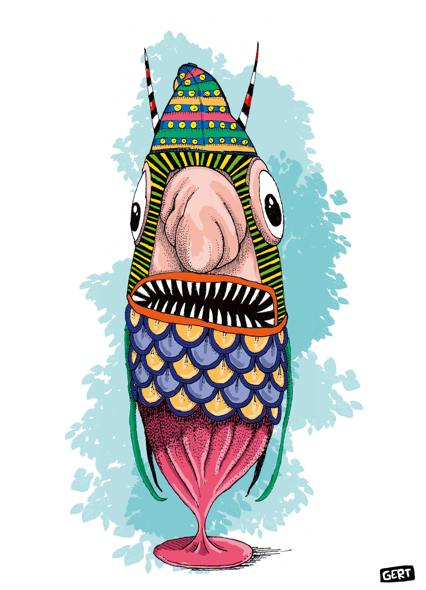 Monster 3 by Gert Paenen, colorful digital art print featuring a whimsical fantasy creature with large eyes, patterned scales, vibrant textures, and playful contemporary illustration style on premium 300 g/m² paper.