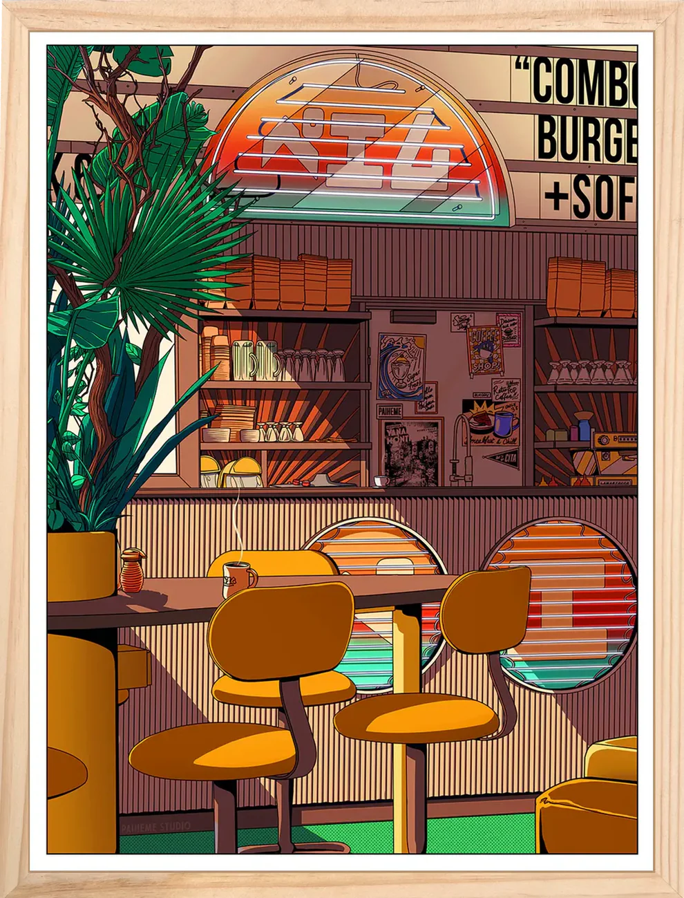 Illustration of a retro Japanese-style diner interior with yellow chairs, neon signage, and a warm vintage atmosphere – Morning Coffee by Paiheme Studio, 30x40cm art print.