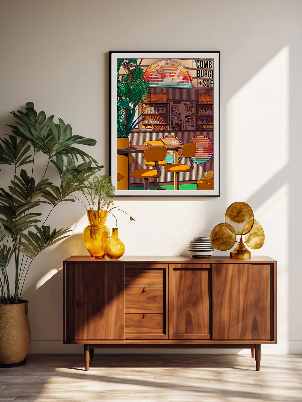 Illustration of a retro Japanese-style diner interior with yellow chairs, neon signage, and a warm vintage atmosphere – Morning Coffee by Paiheme Studio, 30x40cm art print.