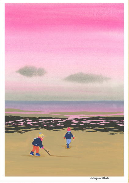 Fin Août art print by Margaux Othats featuring two children walking on a beach under a dreamy pink sunset sky – nostalgic limited edition risograph illustration perfect for coastal, kids, and poetic wall decor.
