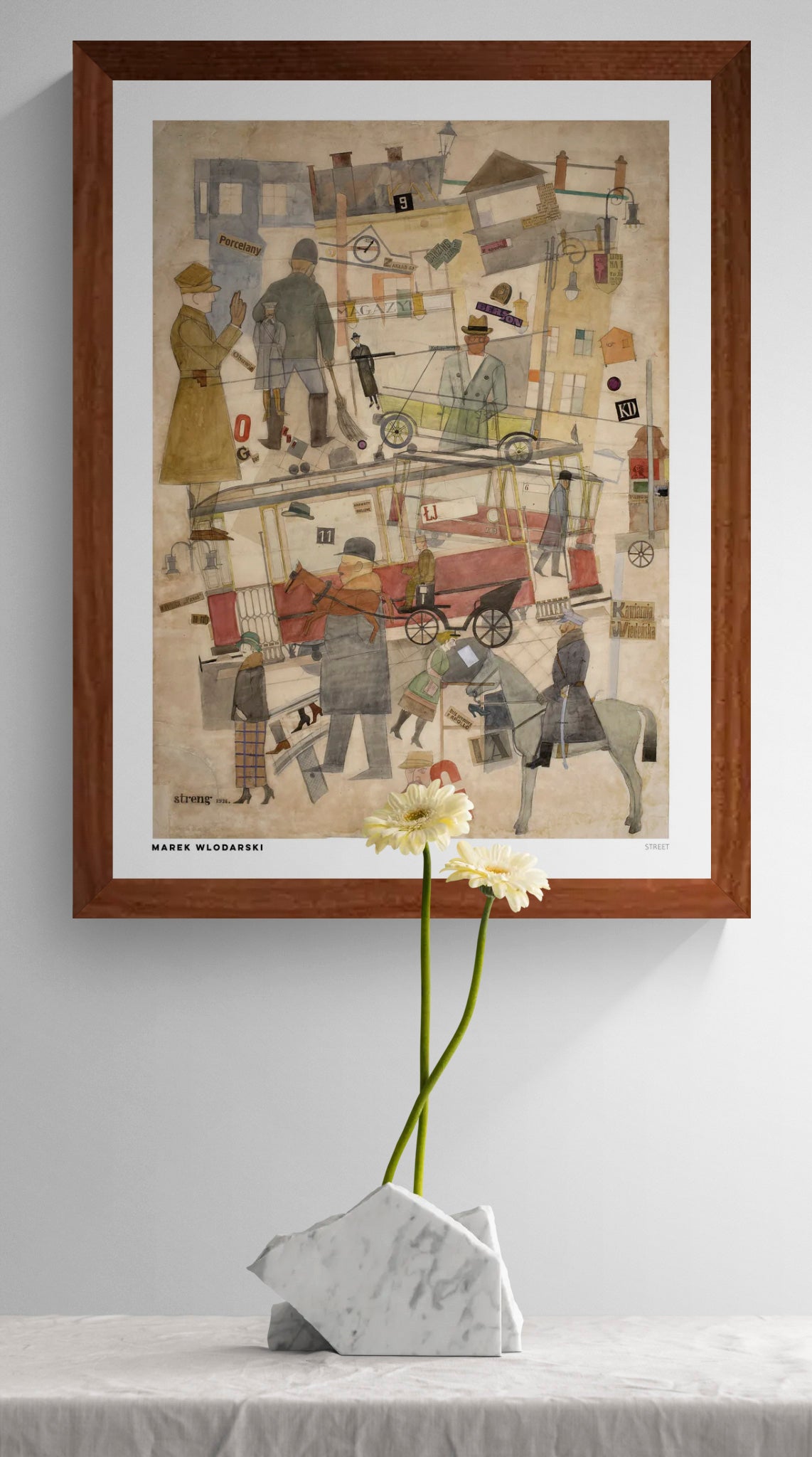 Vertical digital art print of a layered modernist street scene with figures, trams, horse carriage and signs in muted beige, ochre, grey, red and green, ideal as characterful wall art for a living room or study.