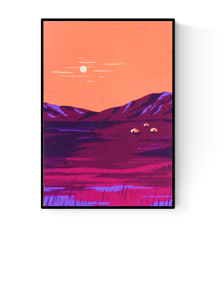 Colorful illustration of the Mongolian landscape at sunset with orange skies, purple mountains, and traditional yurts, created by Belgian illustrator Linde Raats.