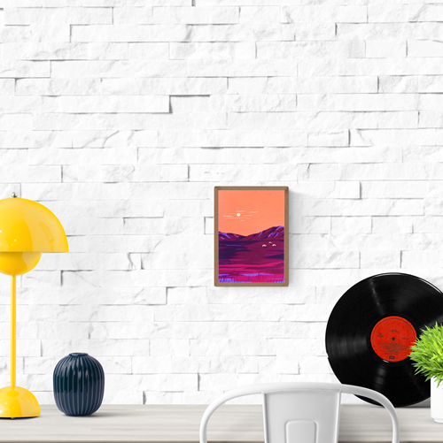 Colorful illustration of the Mongolian landscape at sunset with orange skies, purple mountains, and traditional yurts, created by Belgian illustrator Linde Raats.