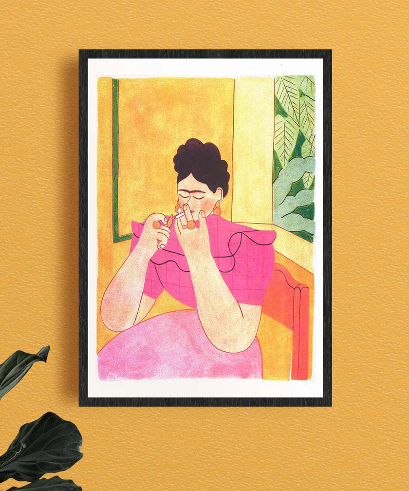 Modern minimalist illustration in warm tones depicting a woman in a pink dress and bold earrings lighting a cigarette, inspired by the iconic figure of Frida Kahlo. Contemporary artwork with a nostalgic feel, perfect for artistic decor, lovers of feminine portraiture, and expressive interiors.