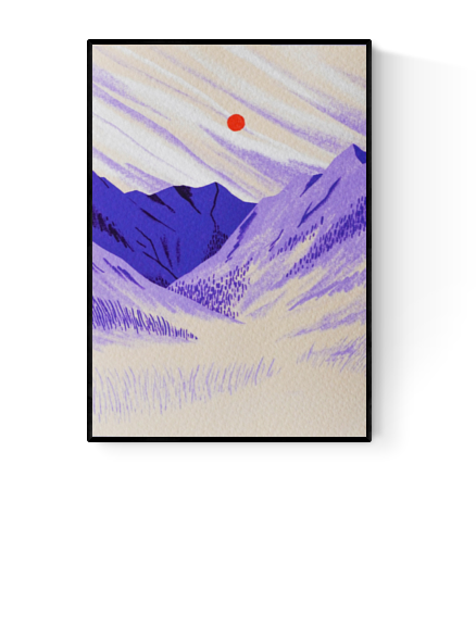 Minimalist landscape art print of purple mountains and an orange sun in a serene meadow – Mountain Meadow by Linde Raats, A6 Giclée illustration.
