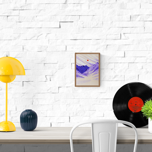 Minimalist landscape art print of purple mountains and an orange sun in a serene meadow – Mountain Meadow by Linde Raats, A6 Giclée illustration.